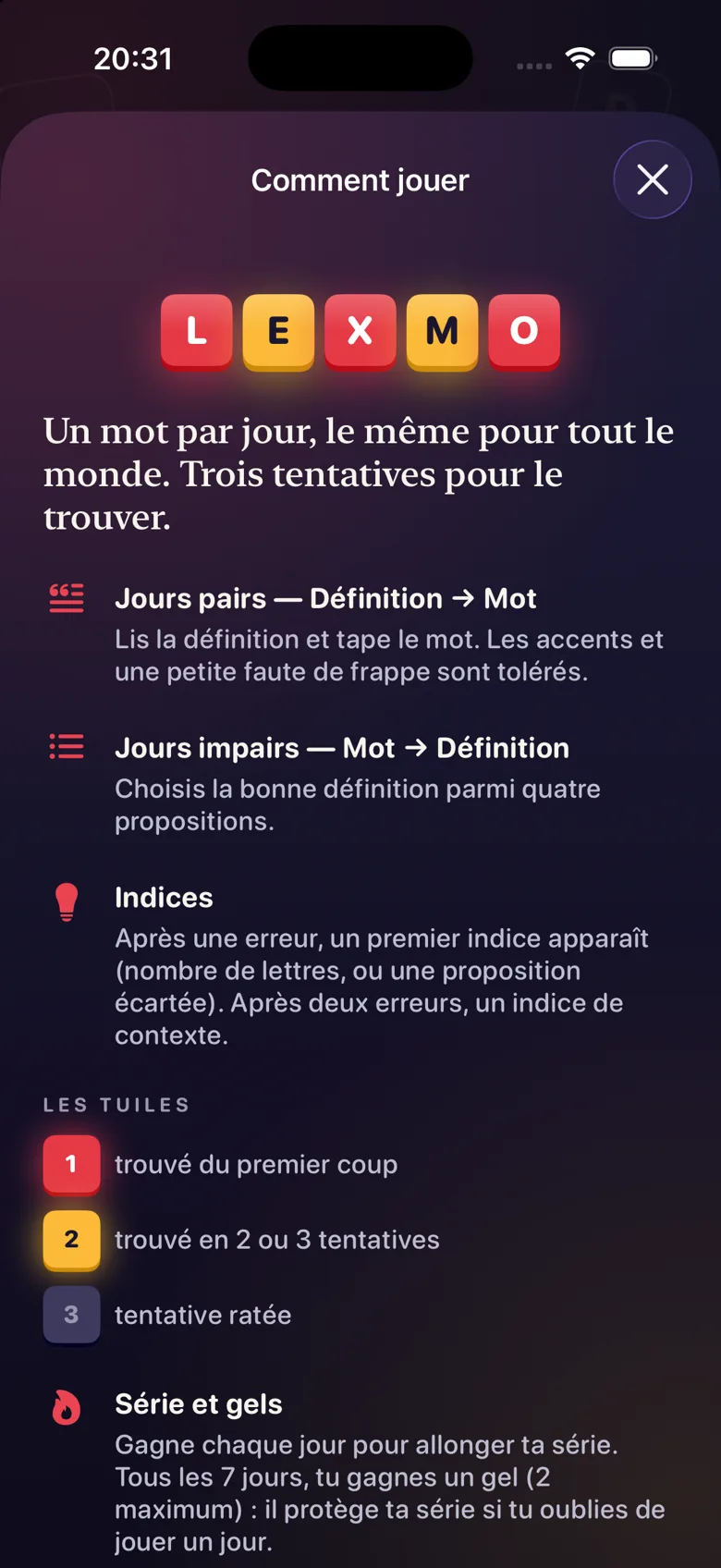 Écran Comment jouer de Lexmo : un mot par jour, trois tentatives, indices et série